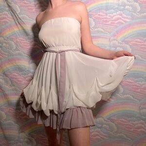 White and purple draped tiered flowy dress